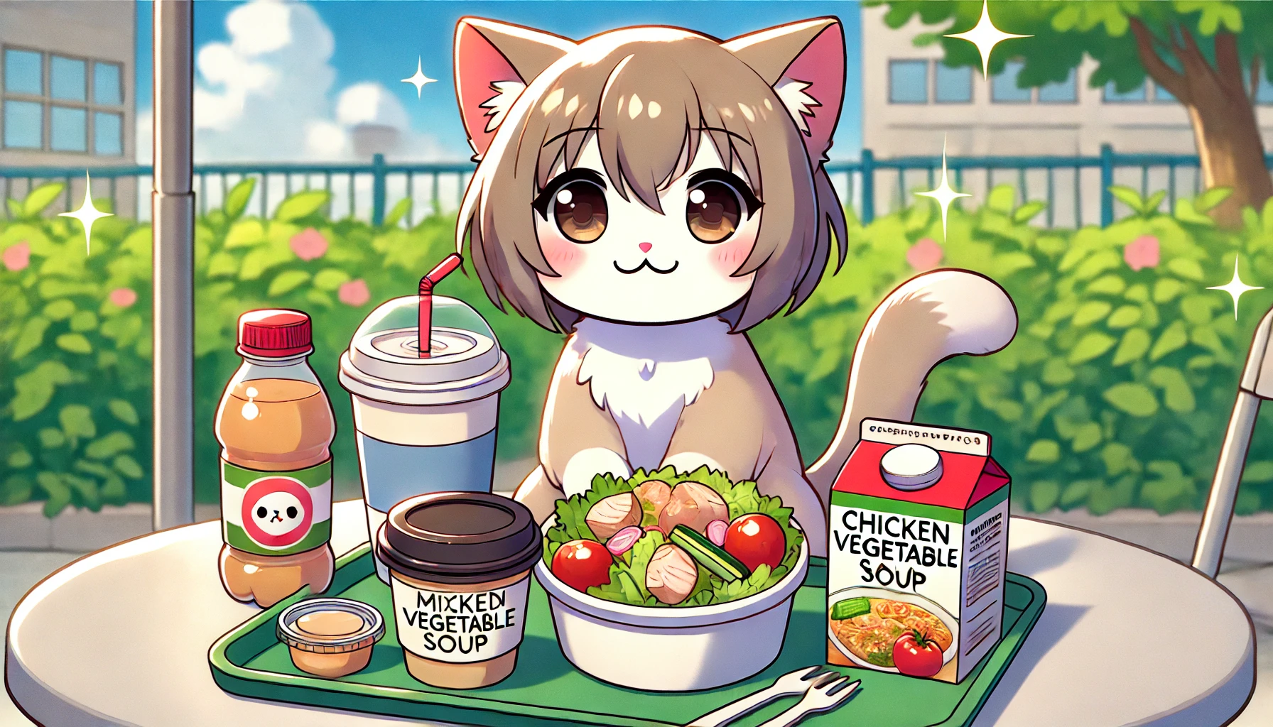 アニメ風の可愛い猫がチキンサラダボウルや野菜スープをランチに楽しんでいるイラスト、健康的でリラックスした食事風景。

