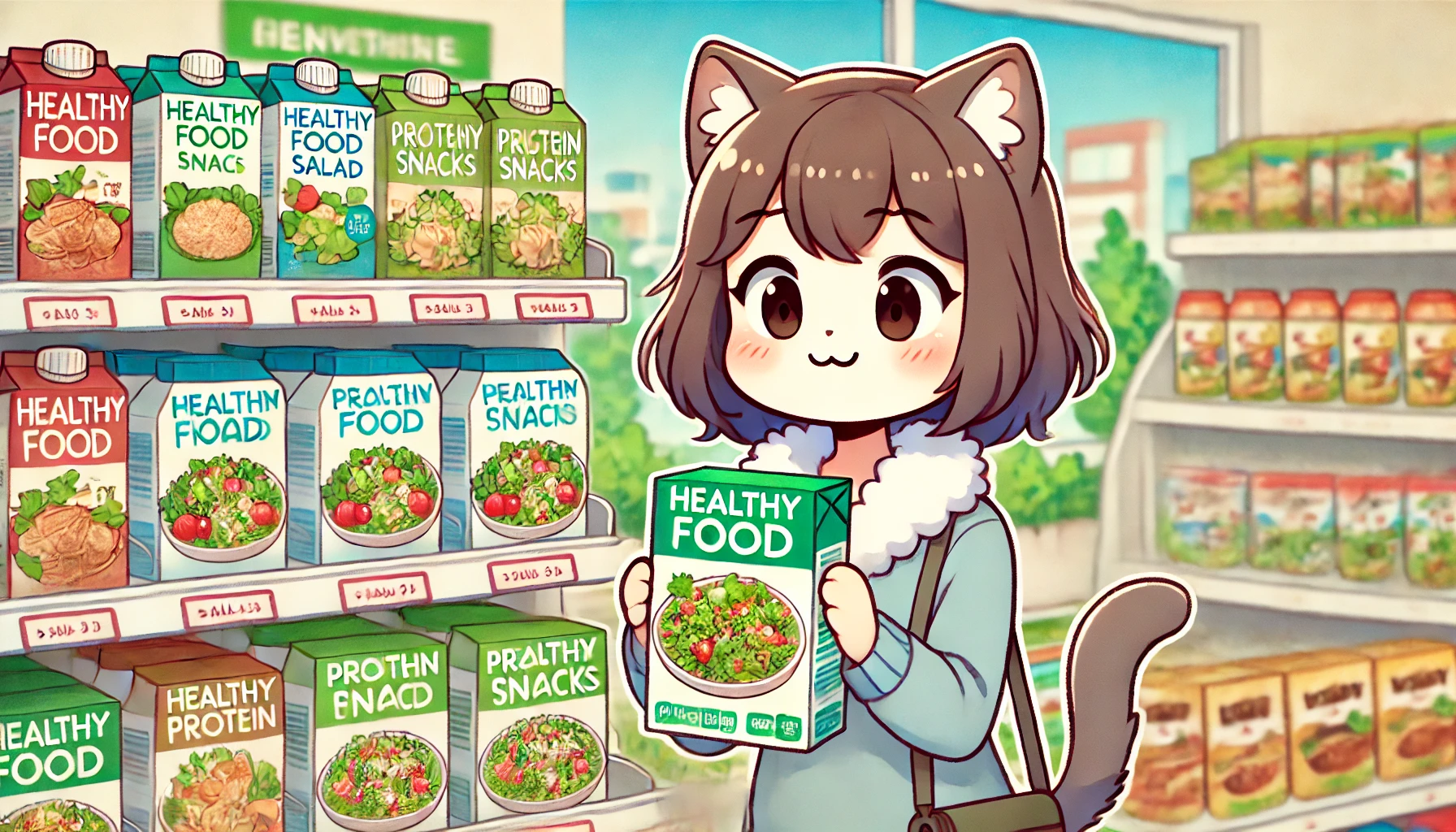 アニメ風の可愛い猫がコンビニでサラダや高たんぱくスナックを手に取って選んでいるイラスト、ダイエットに適した商品選びを楽しく描写。

